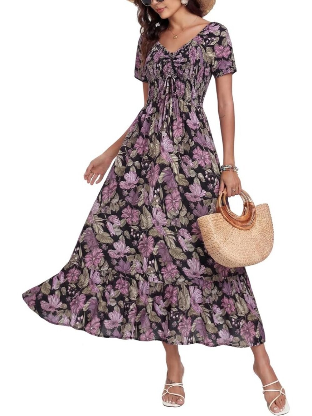 Women's Black Purple Flower Flowy Ruffled Beach Short Lightweight Maxi Dress